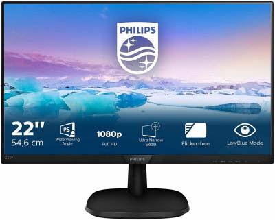 Monitor Philips con imagen de paisaje con cielo azul violeta y características en gráficos blancos dentro de la imagen. Monitor para trabajar en casa.