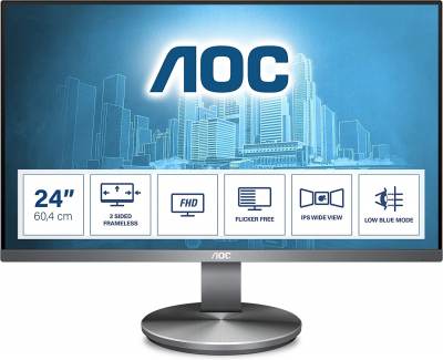 Monitor AOC de 24 ' con grafico de edificicios en color blanco en fondo azul. Monitor para trabajar en casa IPS.