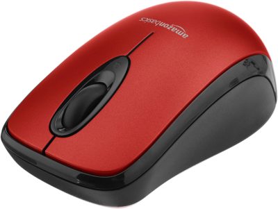 ratón portatil amazon basics rojo y gris oscuro sin cables.