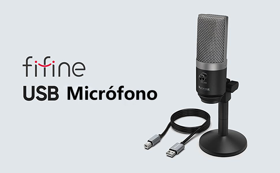 Micro Fifine 670 para mejorar el audio en tus videollamadas, con un pie pequeño para escritorio y un cable usb. Sobre fondo azul claro y con el logo de Fifine.