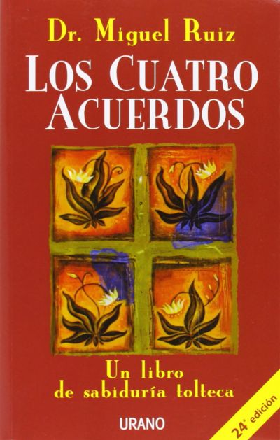Portada del libro de crecimiento personal Los cuatro acuerdos, en fondo rojo con letras blancas y dibujos de 4 plantas en recuadros.